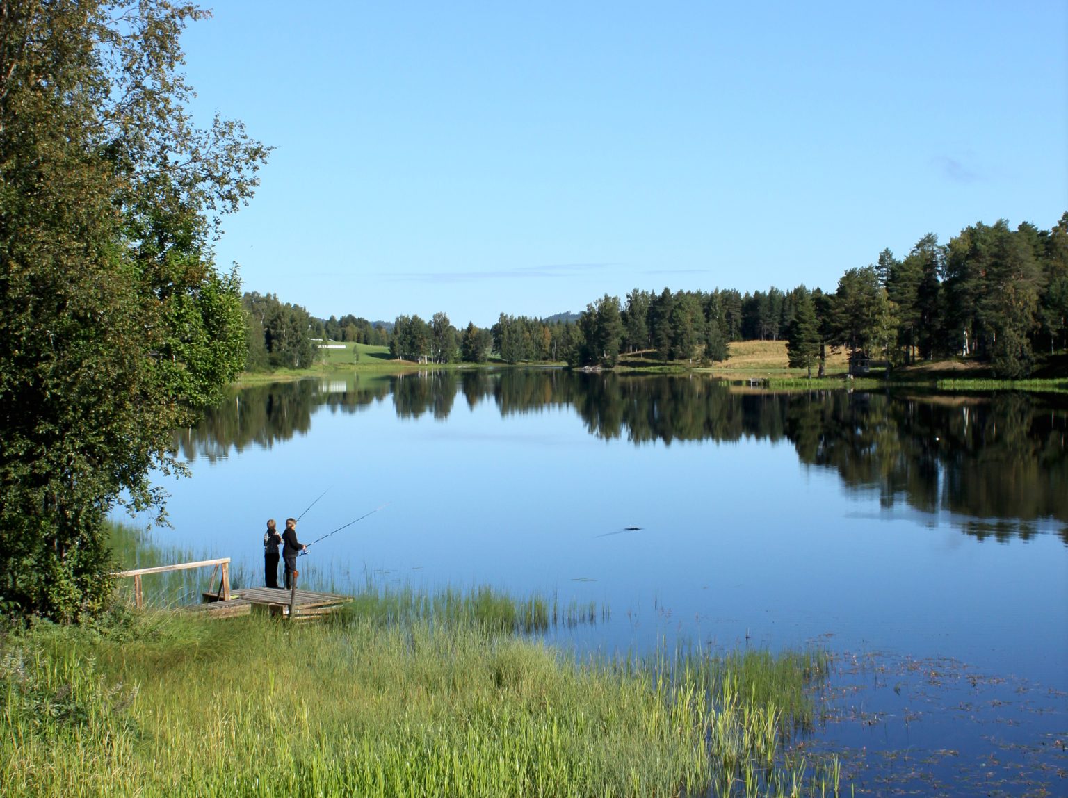 Två barn står på en brygga och fiskar vid en spegelblank sjö.
